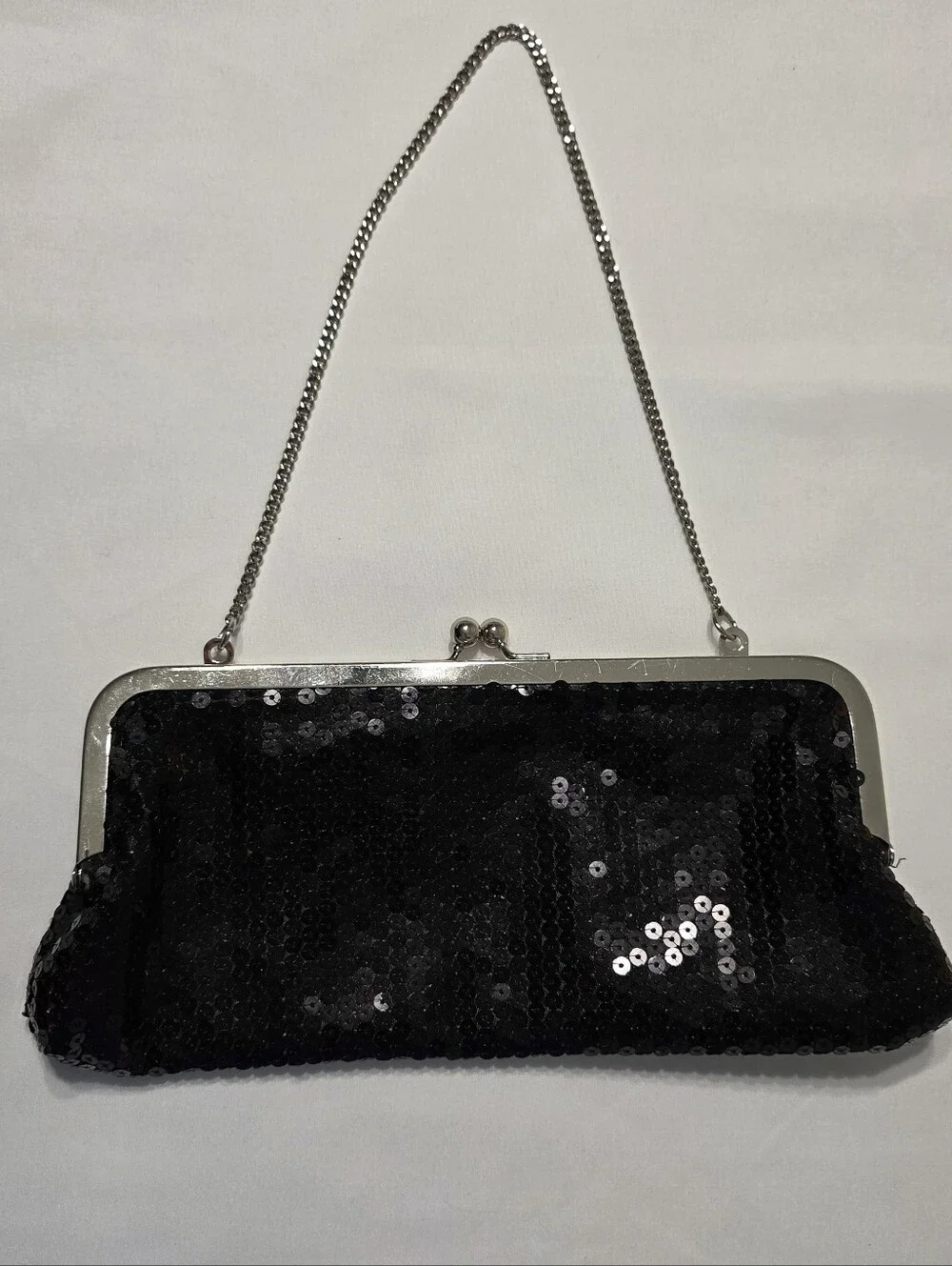 LOFT Black Sequin Evening Clutch with Silver Chain